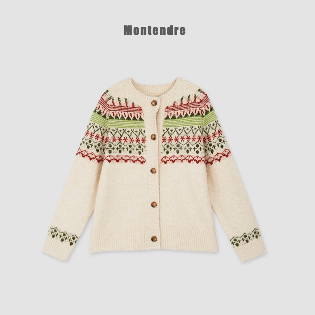 【MonTendre】 冬季新款 S 北欧风费尔岛创意撞色毛衣针织开衫女
