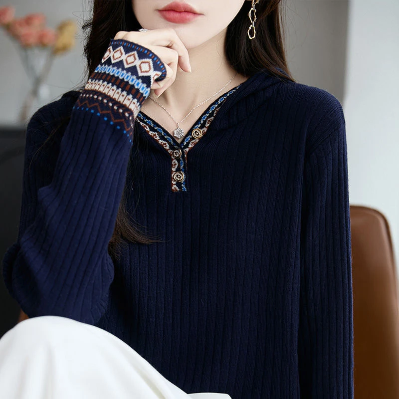 【绵羊毛100%】时尚复古民族风洋气精纺羊毛长袖针织衫套头显瘦上衣