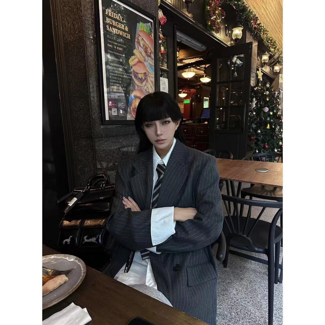 设计师条纹西装大衣24020