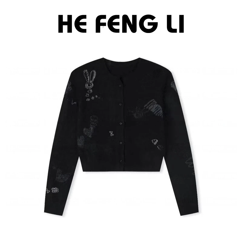 2025早秋新款涂鸦针织开衫长袖外套女韩版时尚休闲显瘦上衣