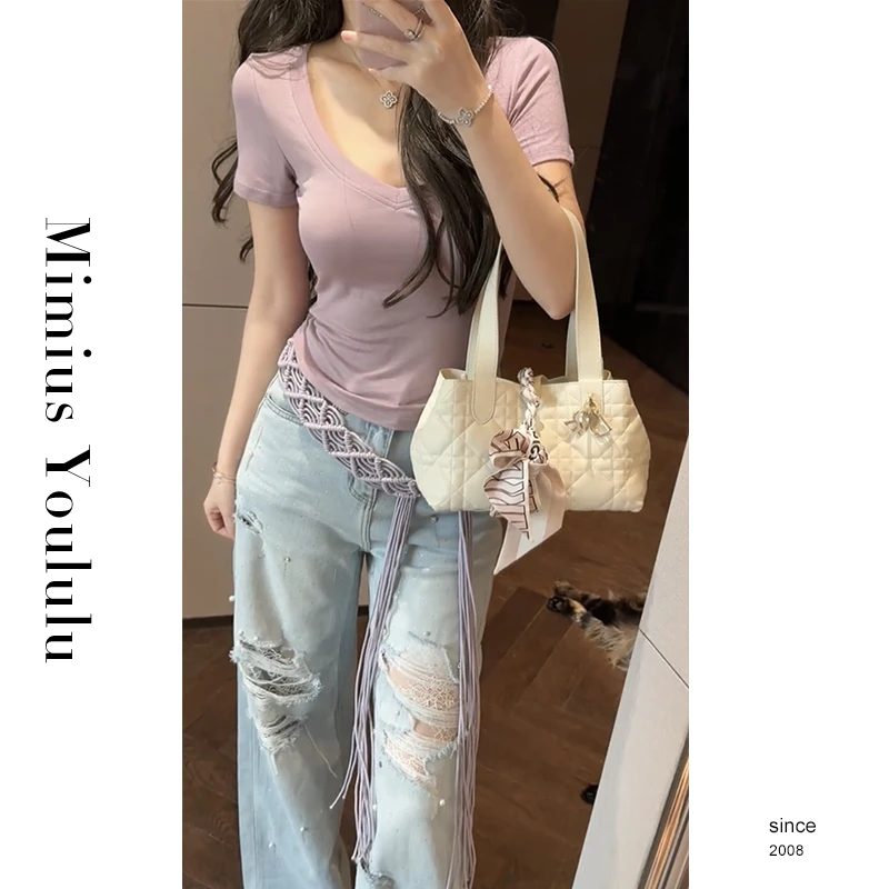 【mimius】琳琳韩系纯欲风V领正肩修身短袖T恤 G04054