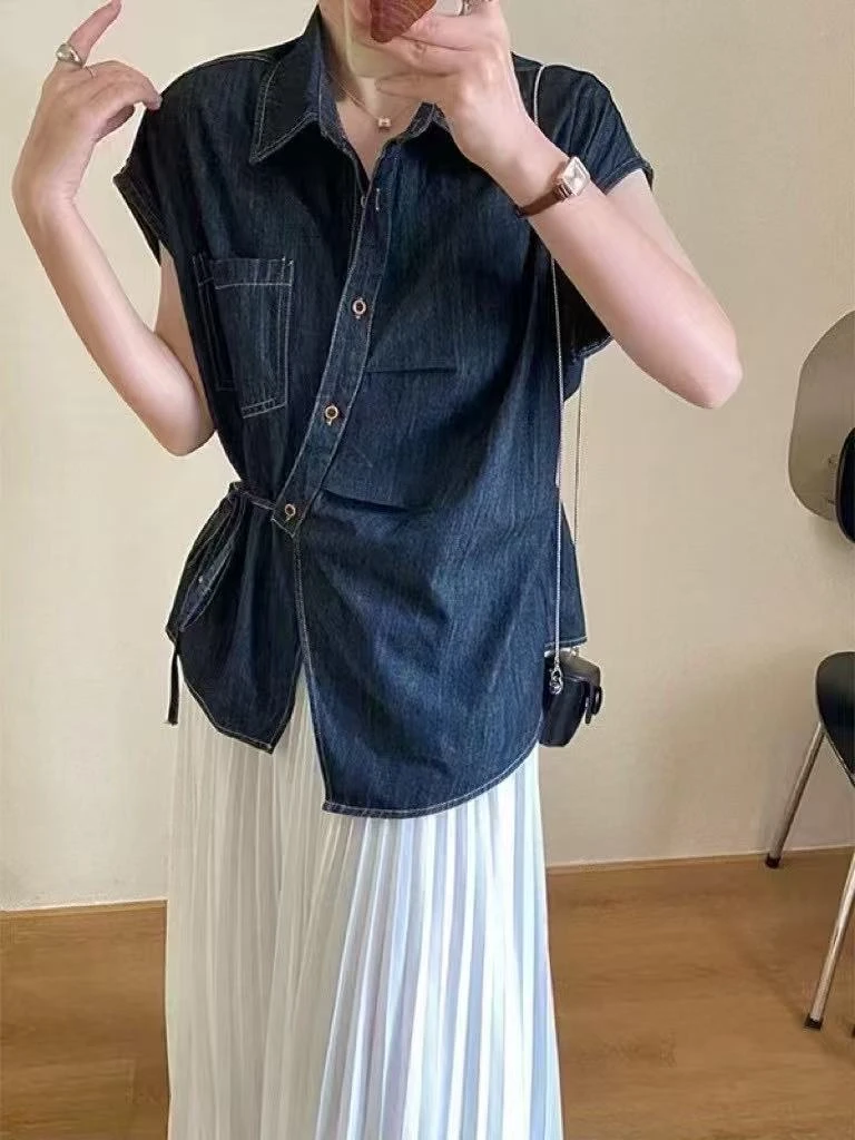 显瘦气质设计感复古夏季牛仔无袖衬衫马夹百搭外搭