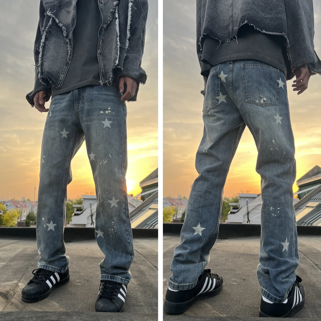 秋冬新款男士宽松直筒高街潮牌五男士秋冬高街直筒牛仔裤