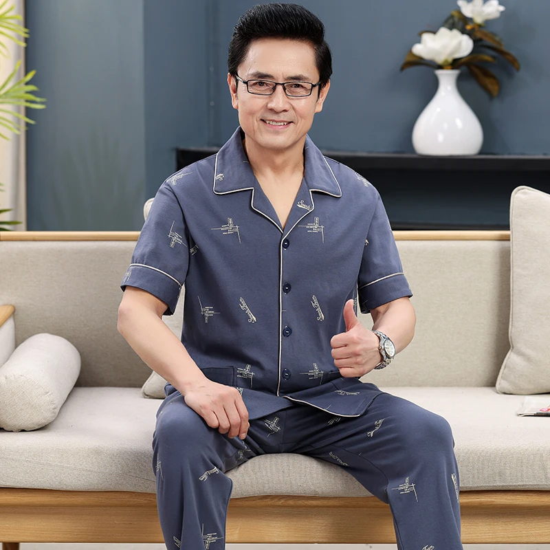 睡衣男夏季纯棉薄款短袖长裤开衫中老年人爸爸宽松大码家居服套装
