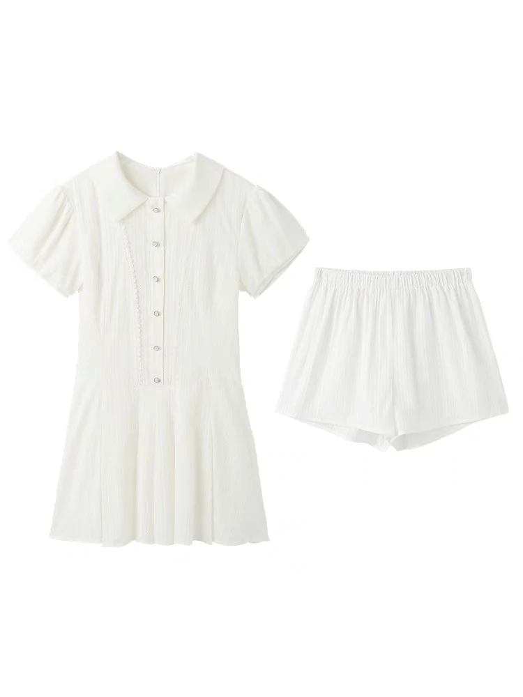 编码81-120泡泡袖衬衫连衣裙女夏季甜美收腰短裙套装