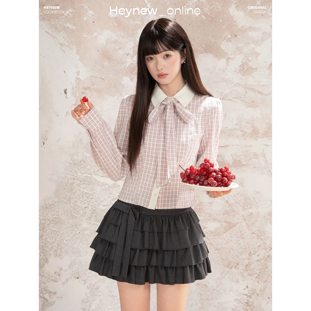 【甜妹旋律】玫笺浮格粉格纹可拆卸系带蝴蝶韩系显白甜妹衬衫5Q433