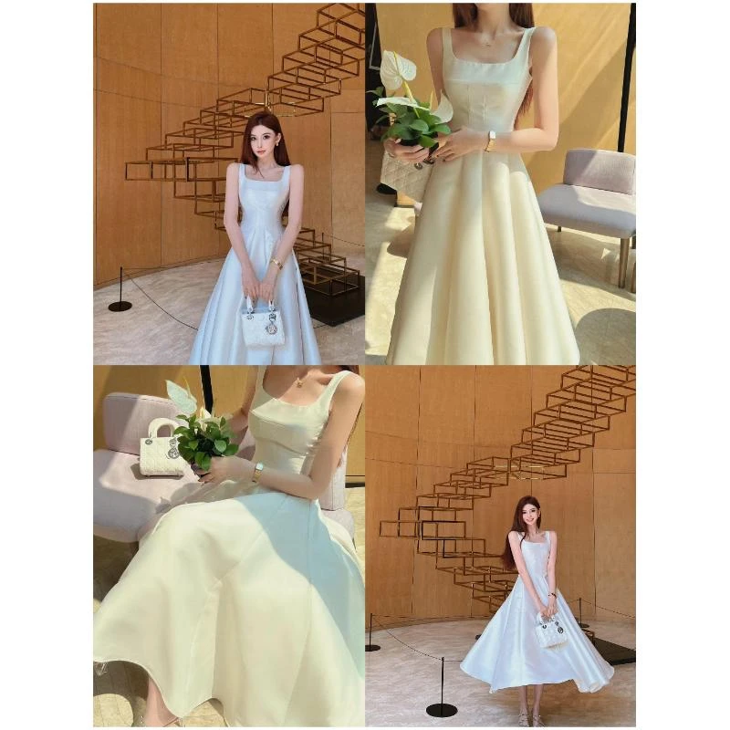 李婉君春夏新款高定女神裙白色仙气小个子方领收腰显瘦连衣裙气质