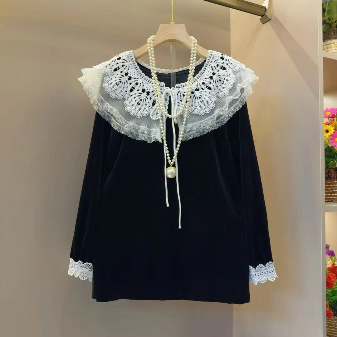 蕾丝时尚网红欧洲站超火丝绒拼接小衫衣长70左右