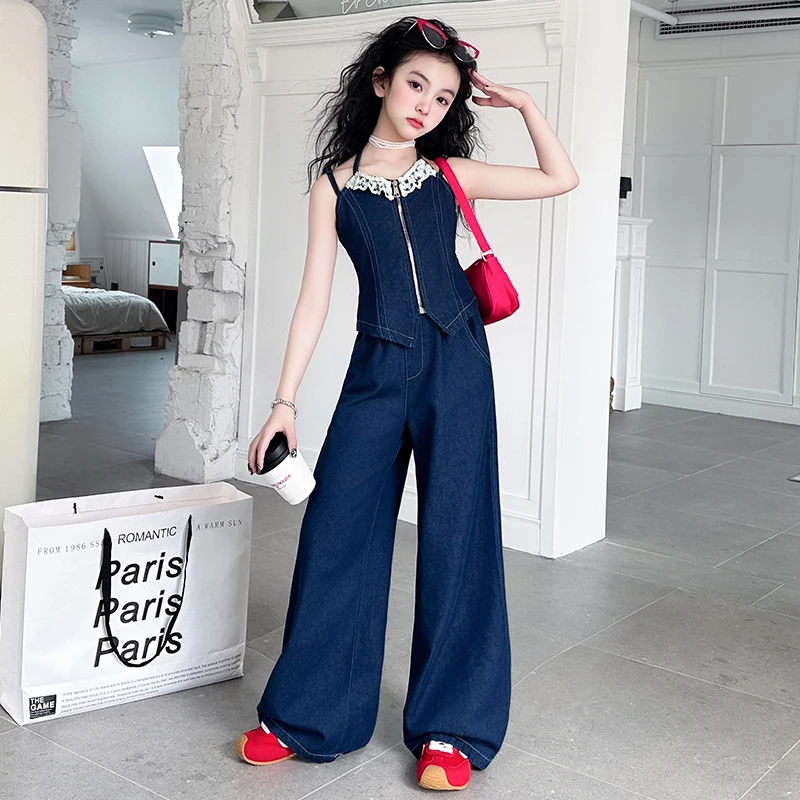 女童牛仔套装夏装新款潮女孩中大童吊带花边儿童阔腿裤拉链两件套