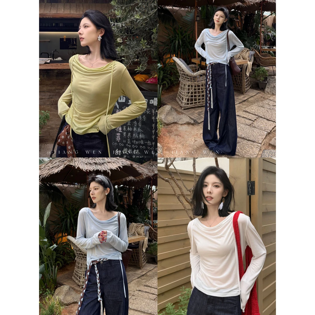 【海斯汀】“100%莱赛尔”法式显瘦气质荡领露肩长袖恤