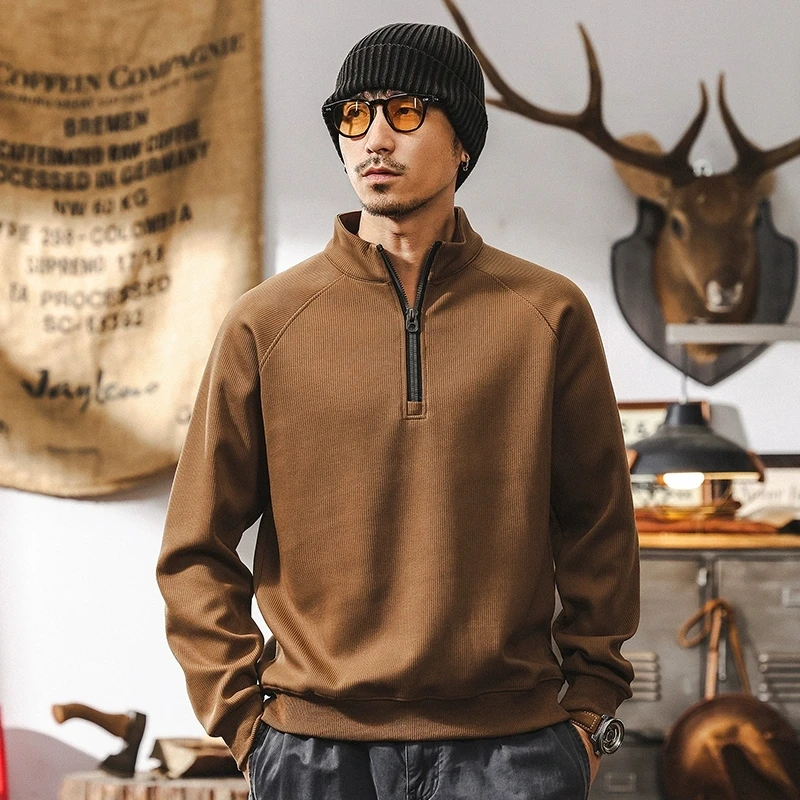 美式复古重磅加绒卫衣男秋冬潮牌条纹肌理半拉链硬汉上衣百搭外套