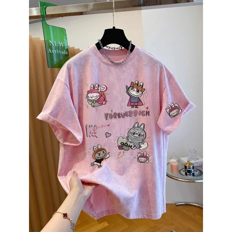 胖妹妹240斤大码减龄卡通扎染短袖t恤女2025夏季新款爆款宽松上衣