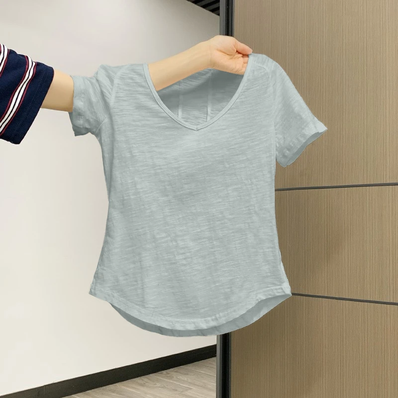 纯欲气质独特小众别致大版慵懒风修身显瘦百搭短袖T恤女弧形下摆