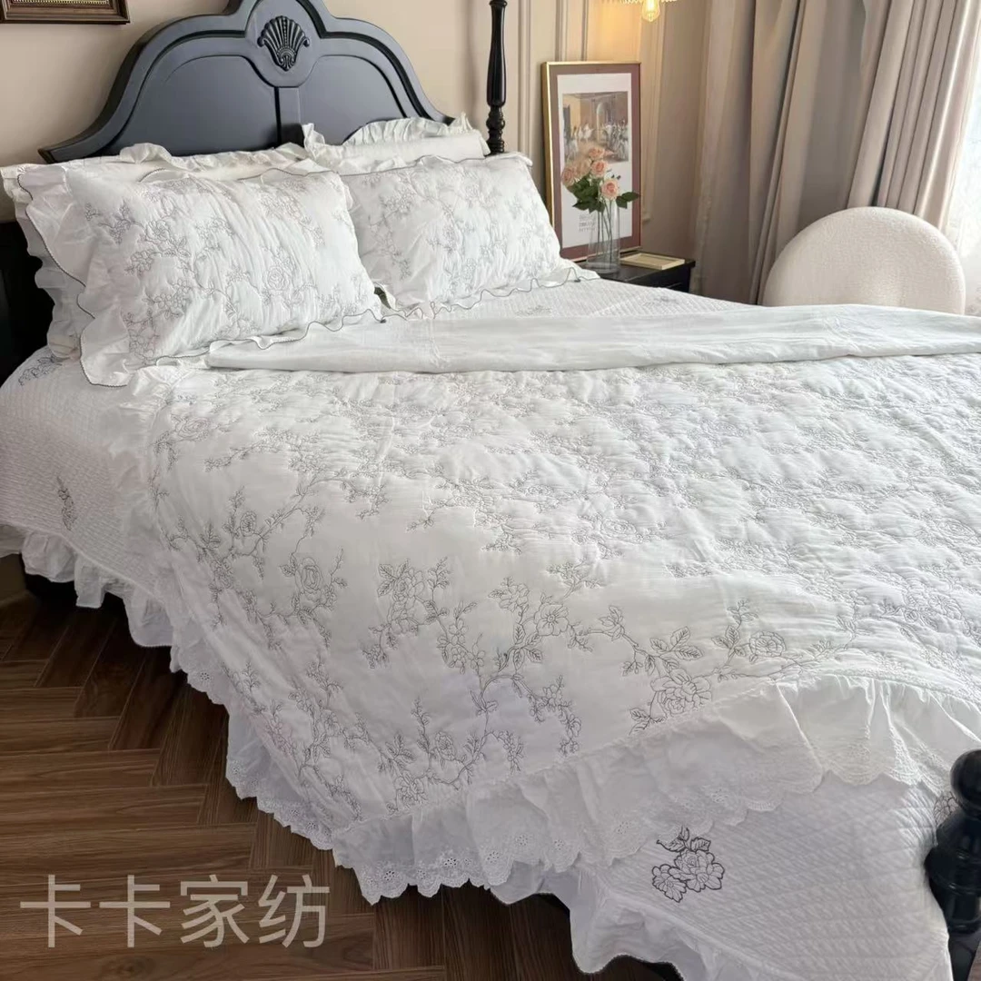 花枝摇曳·韩版重工外贸工艺款全棉刺绣绗缝花边多功能床盖四件套
