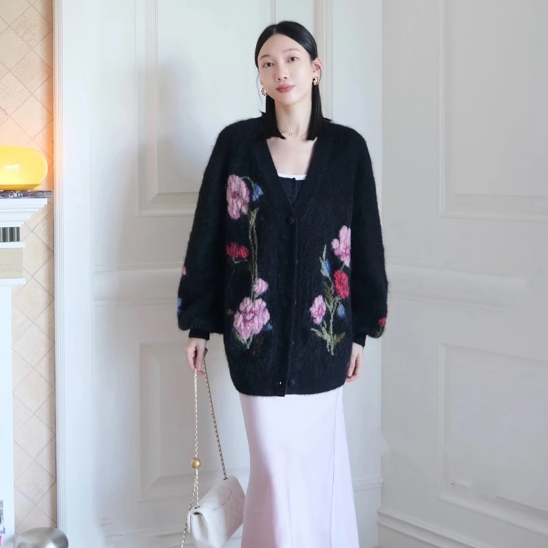 【墨色花漾】花朵提花针织包袖毛针织衫中式复古女装.J2378