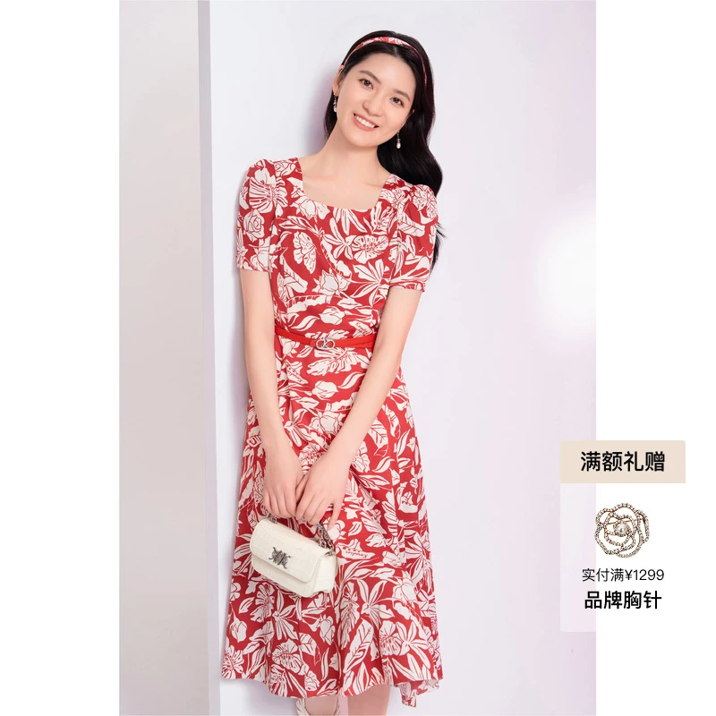 现货48h发|奢级醋酸|含腰带|方领修饰脖颈线条红色热情洋溢连衣裙