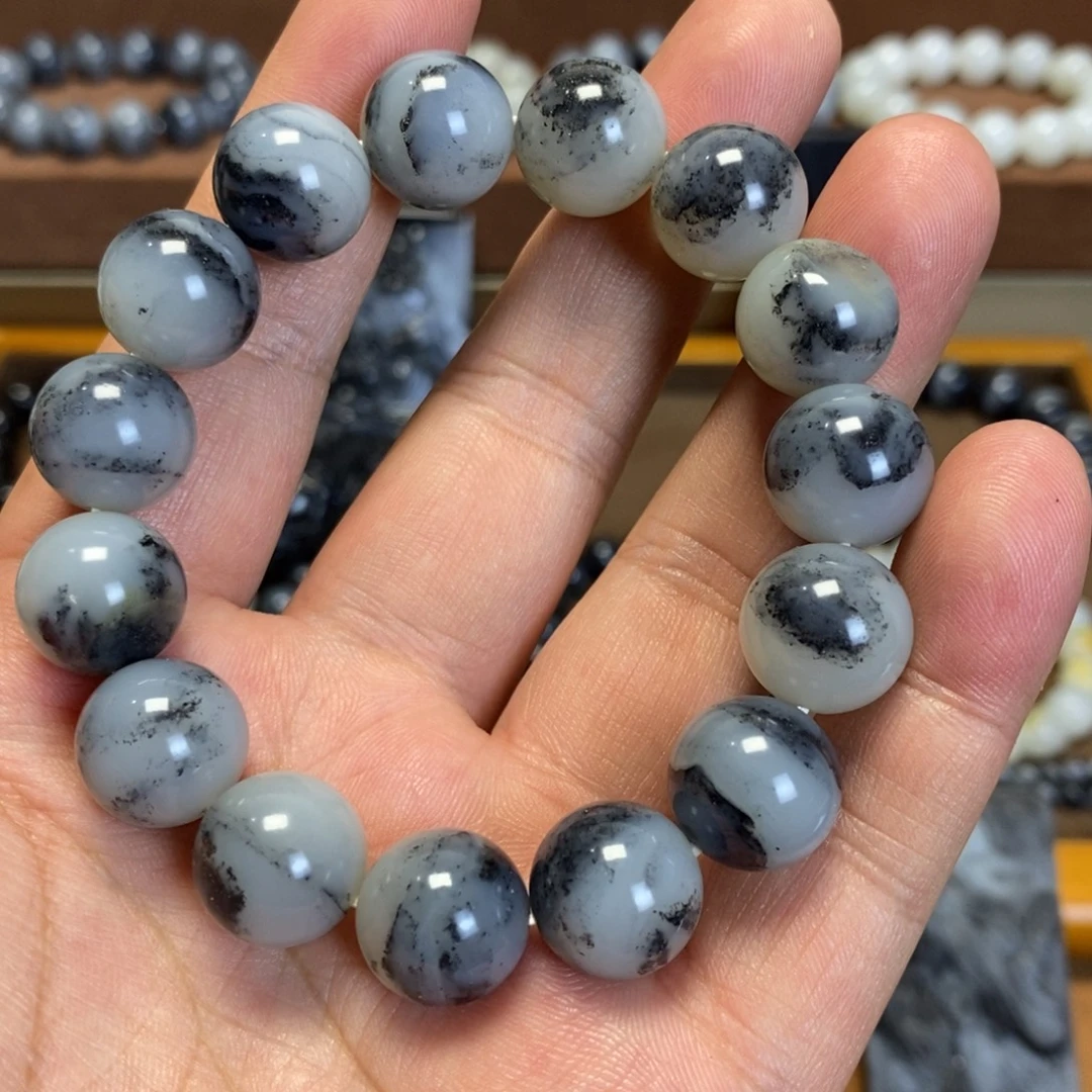 和田玉未镶嵌手串新疆和田玉青花黑白水墨意境14圆珠手串