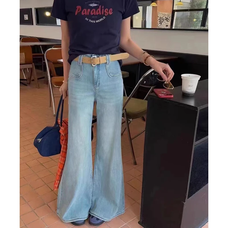 乔栈高腰微喇夏季水洗女牛仔裤新款弹力宽松韩风百搭小个子拖地裤