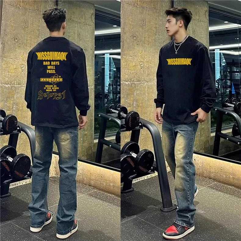 美式小众设计感印花黑色长袖T恤男秋季纯棉重磅潮牌圆领打底上衣