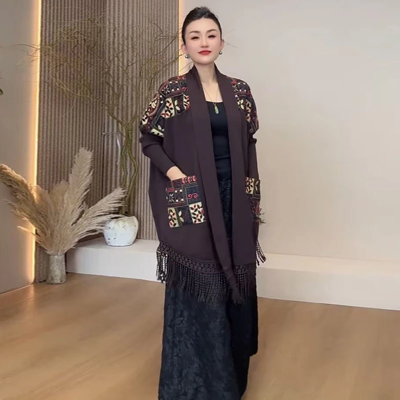 秋冬蝙蝠长袖流苏拼接针织中长开衫外套女装时尚洋气妈妈百搭披肩