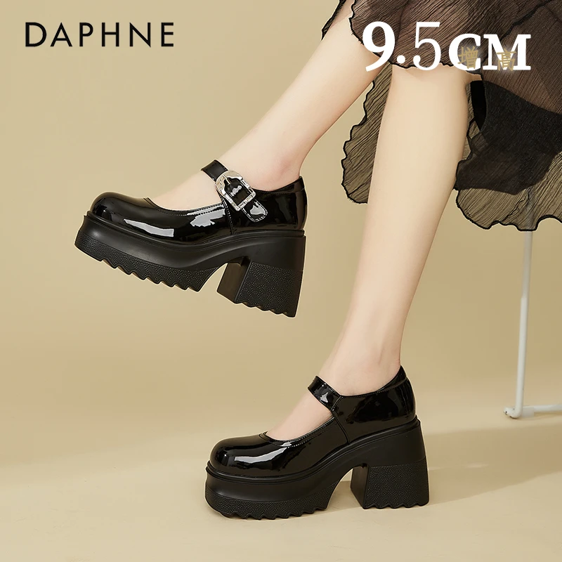 达芙妮9CM厚底玛丽珍小皮鞋女秋季小个子jk一字扣带粗跟高跟单鞋