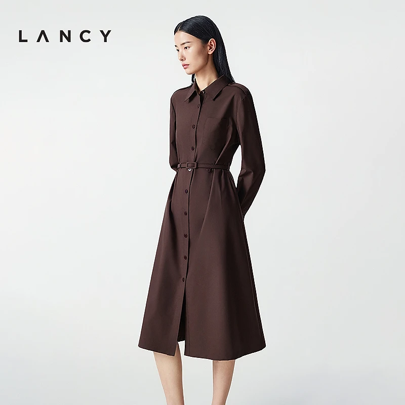 【羊毛蚕丝】LANCY/朗姿2025冬季新款翻领通勤气质高端收腰连衣裙