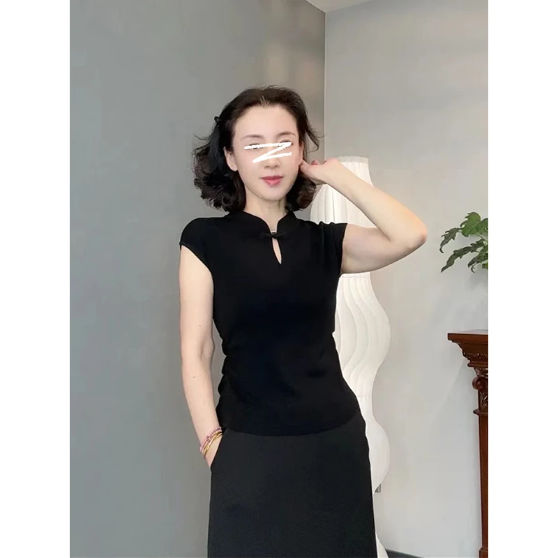 Moses Queen/魔西女王新中式盘扣立领短袖国风女夏季修身T恤上衣