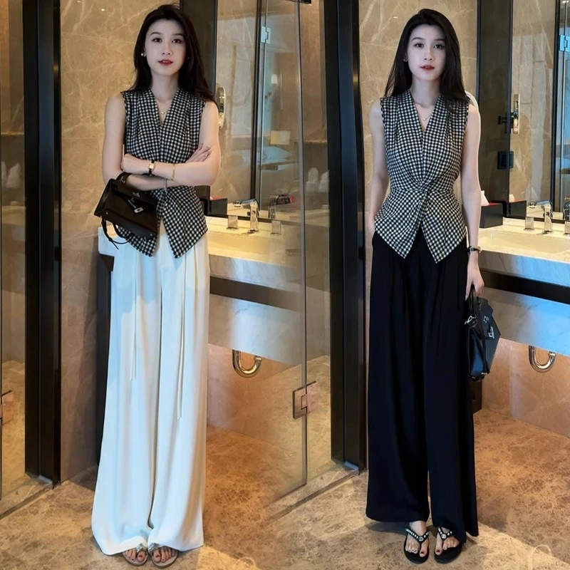 法式时尚套装女2025夏季新款V领格子无袖上衣垂感阔腿裤两件套潮