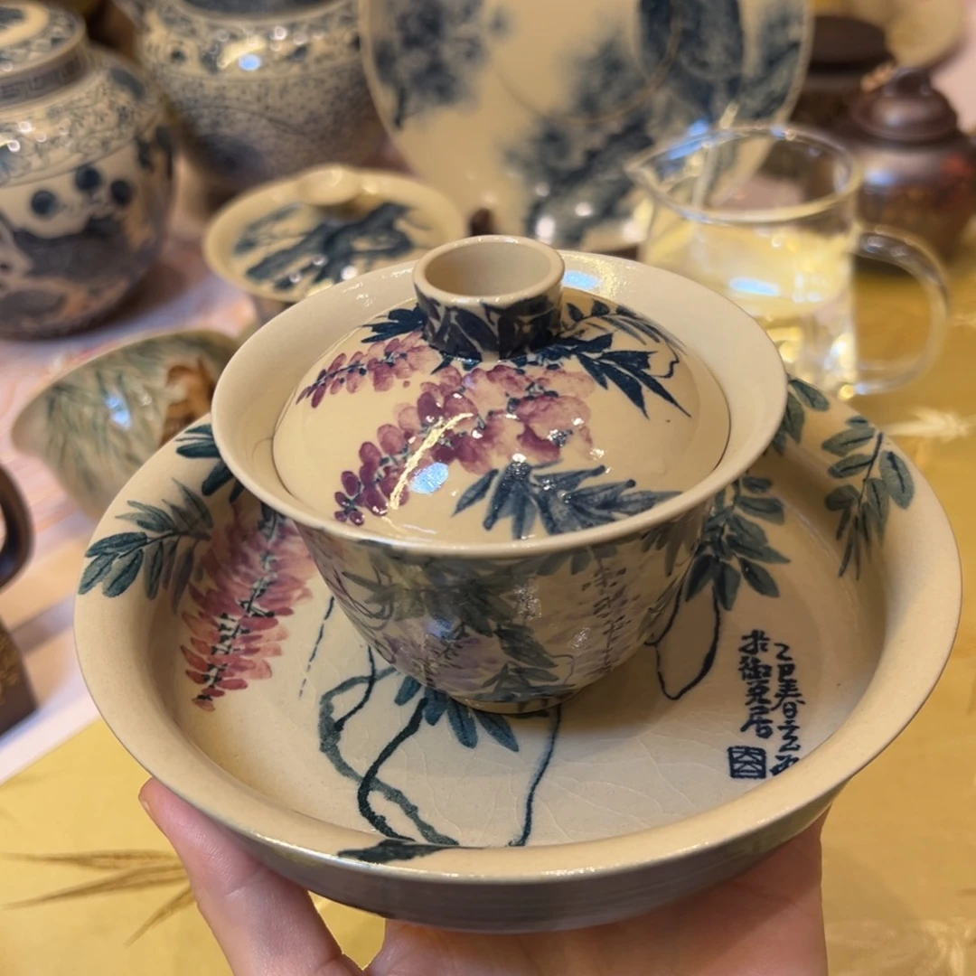 周**.御兑居手绘紫藤花盖碗加干泡盘