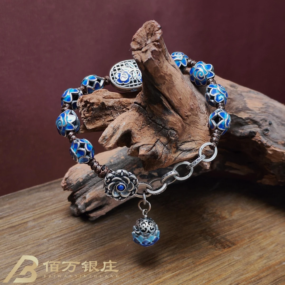 925银手链 【佰万银庄】S925珐琅彩蓝莲花DIY平安牌手链大气新中式