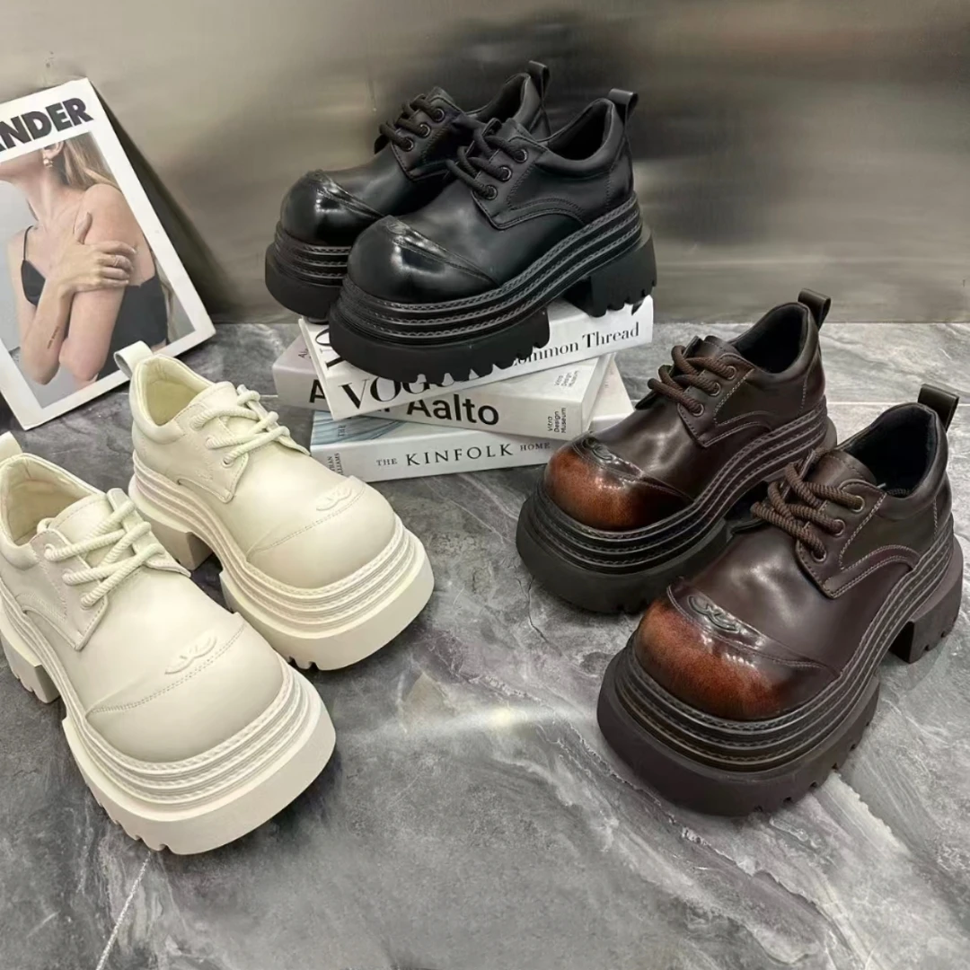 MSDDFGZ欧货新品8厘米系带小皮鞋女2025年增高厚底百搭圆头乐福鞋