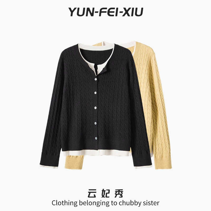 云妃秀大码女装针织衫假两件开衫时尚宽松显瘦遮肉胖妹妹秋69350