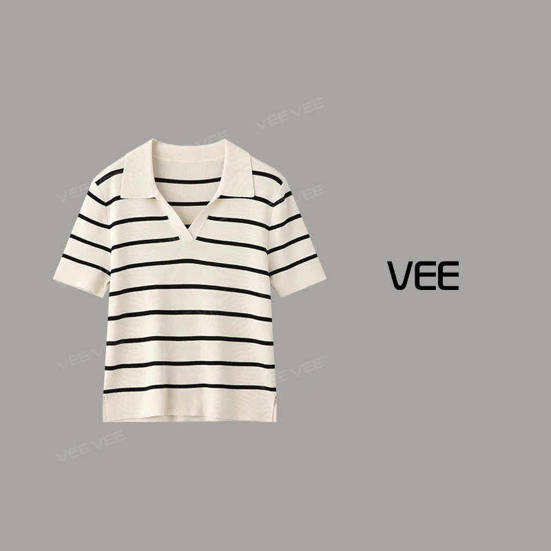 VEE【MIU感】25夏新款桑蚕丝天丝混纺POLO领条纹短袖针织衫