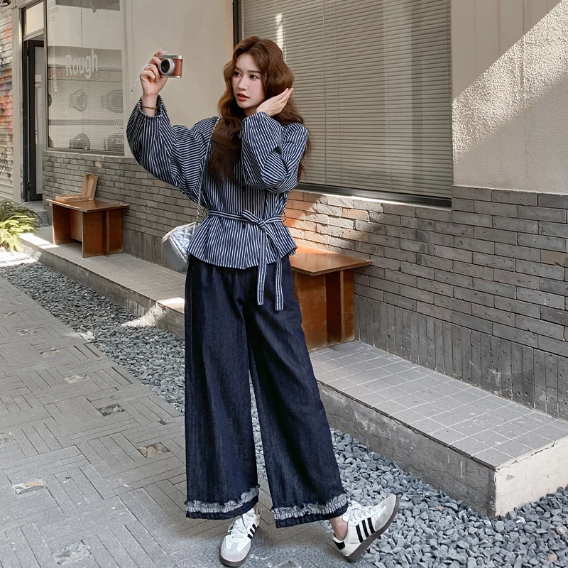 韩系休闲气质条纹衬衫套装女2025春秋新款木耳边拼接阔腿裤两件套
