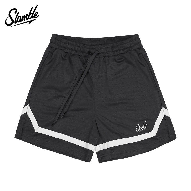 SLAMBLE男子美式篮球运动短裤撞色织带不过膝四分裤健身拼接速干