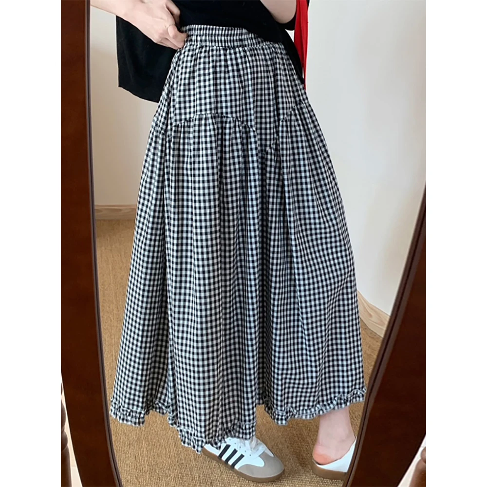 2025时尚格雷系花苞格纹半身裙春季新款松紧腰垂感a字长款伞裙女