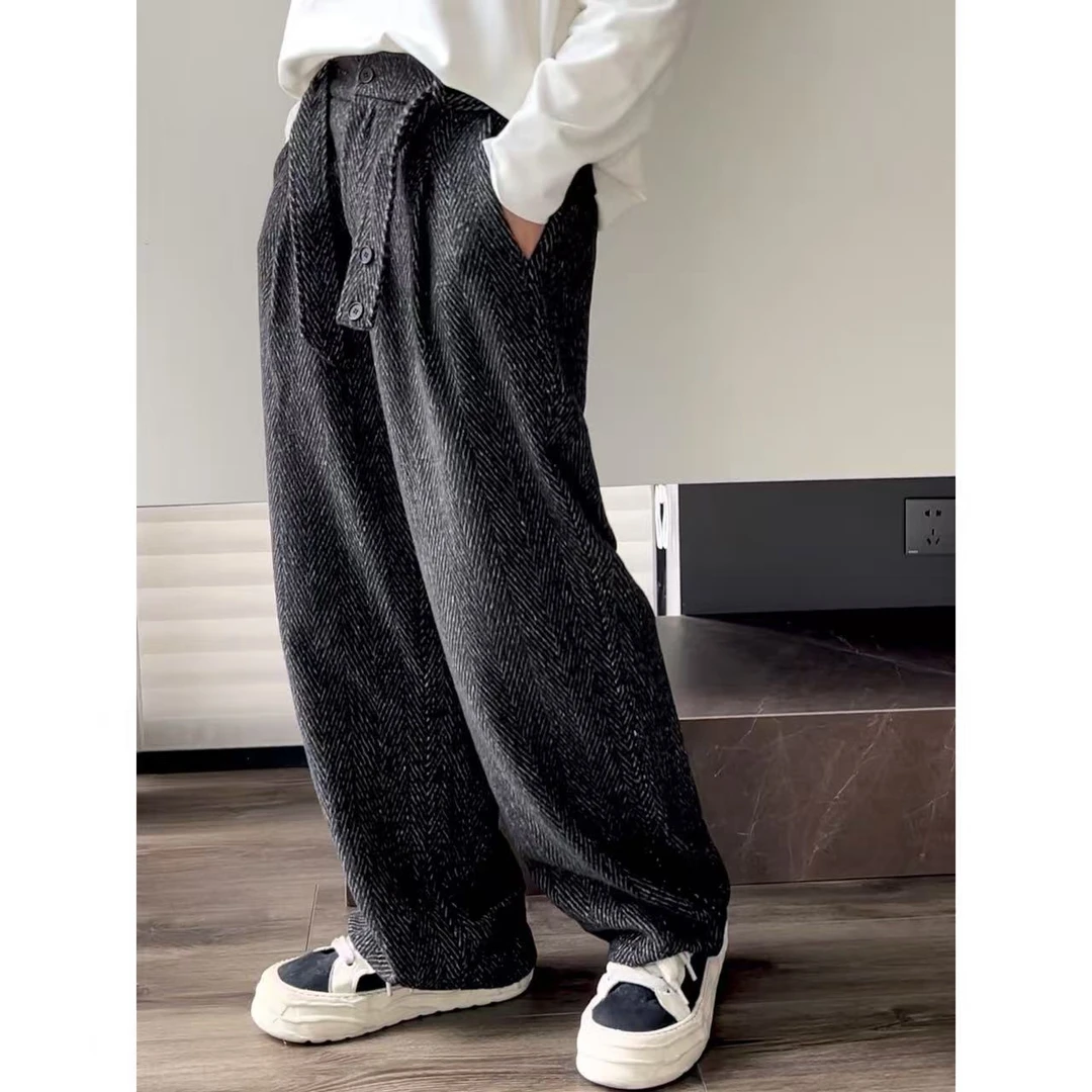 大圣圣  秋冬加厚毛呢高级人字纹直筒宽松休闲裤男MF 19652