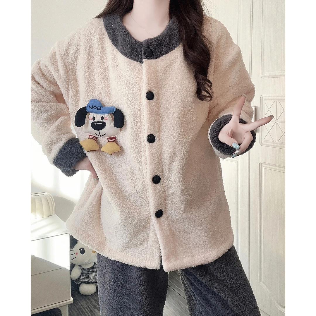 半边绒睡衣女冬季加厚保暖开衫可爱小狗2025新款冬天家居服套装