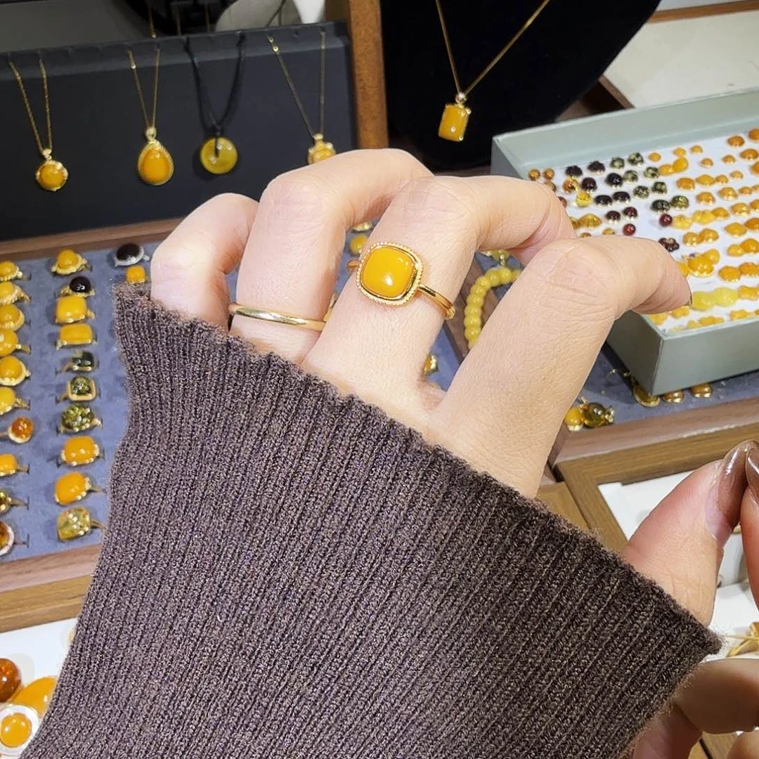 蜜蜡银S925镀金镶嵌戒指蜜蜡戒指