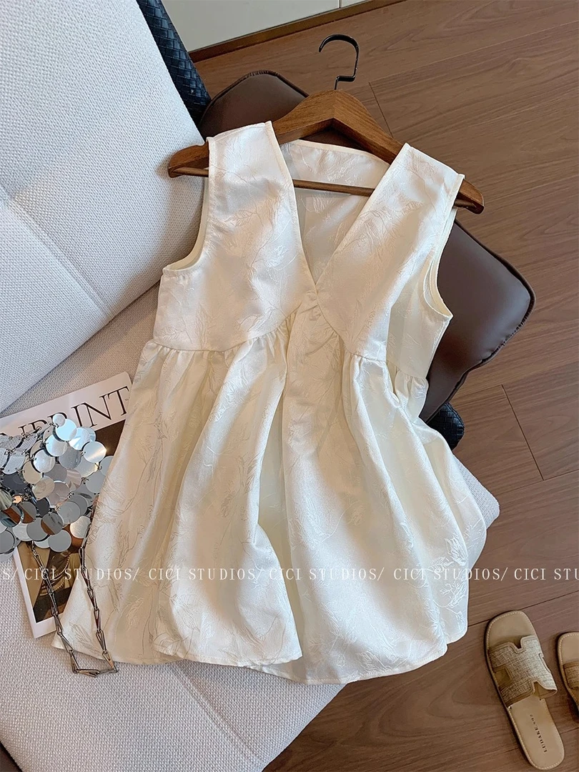 松弛感缎面暗纹提花V领无袖上衣女夏老钱风气质温柔减龄显瘦背心