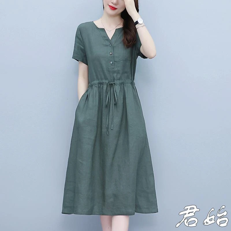 大码2025新款韩版A字收腰气质显瘦短袖中长裙女纯色休闲连衣裙子