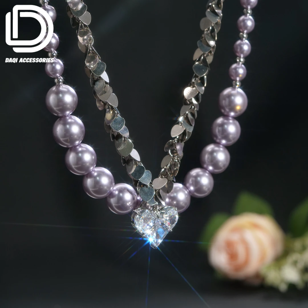 铜合金仿珍珠项链 05546欧美时尚大气紫珠珠爱心双项链