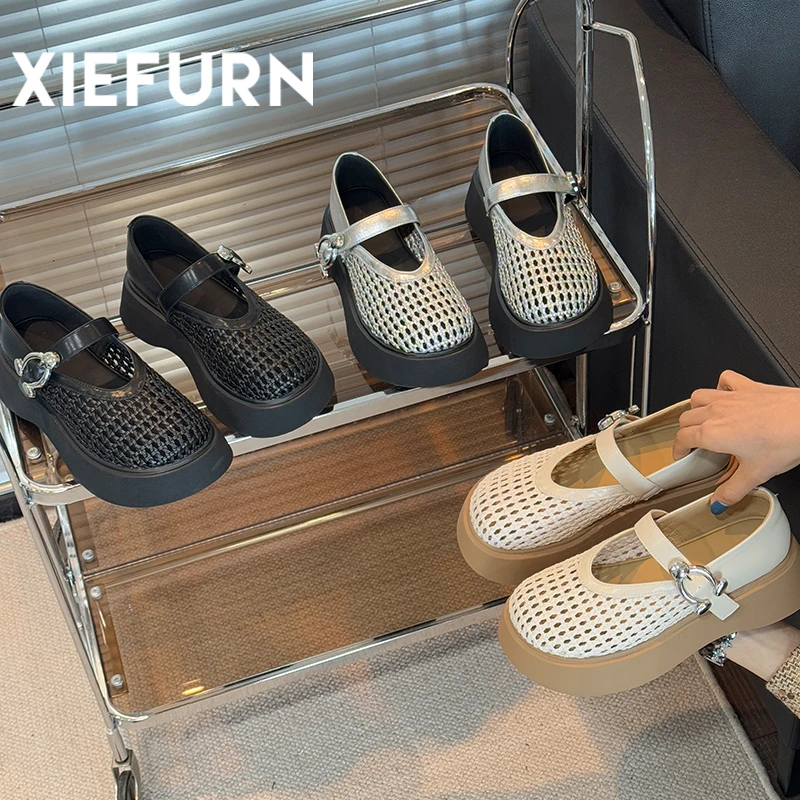 XIEFURN/鞋夫人镂空编织透气网鞋2025夏新款百搭乐福鞋厚底玛丽珍
