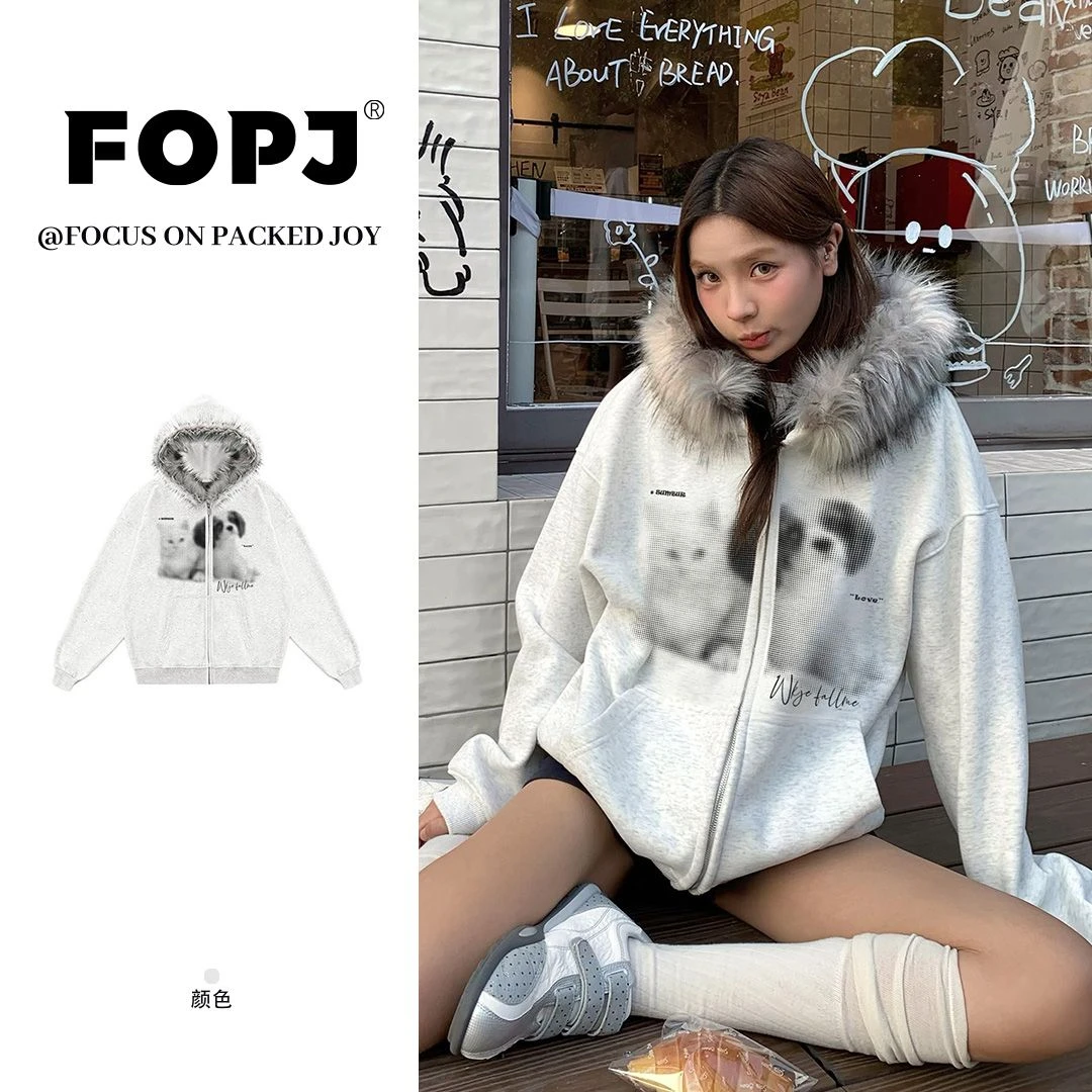 FOPJ美式慵懒风毛领拉链连帽衫卫衣女设计感复古猫狗字母印花外套