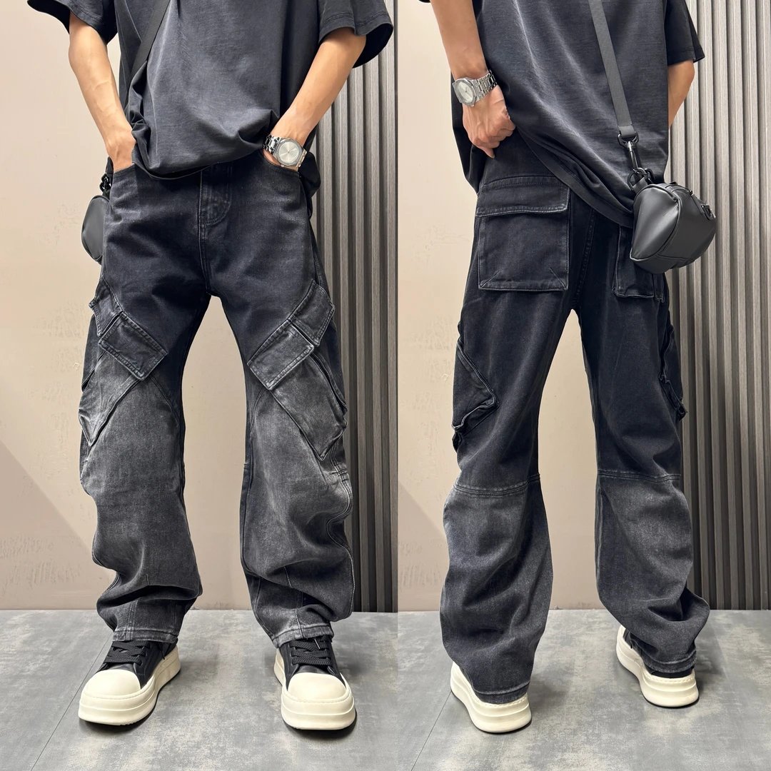 2025秋季新款男士宽松弯刀牛仔裤子美式潮流复古多口袋机能阔腿裤