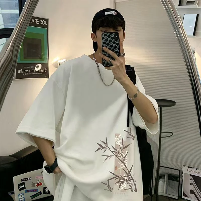 国潮纯棉男夏季短袖T恤竹子印花宽松帅气中国风