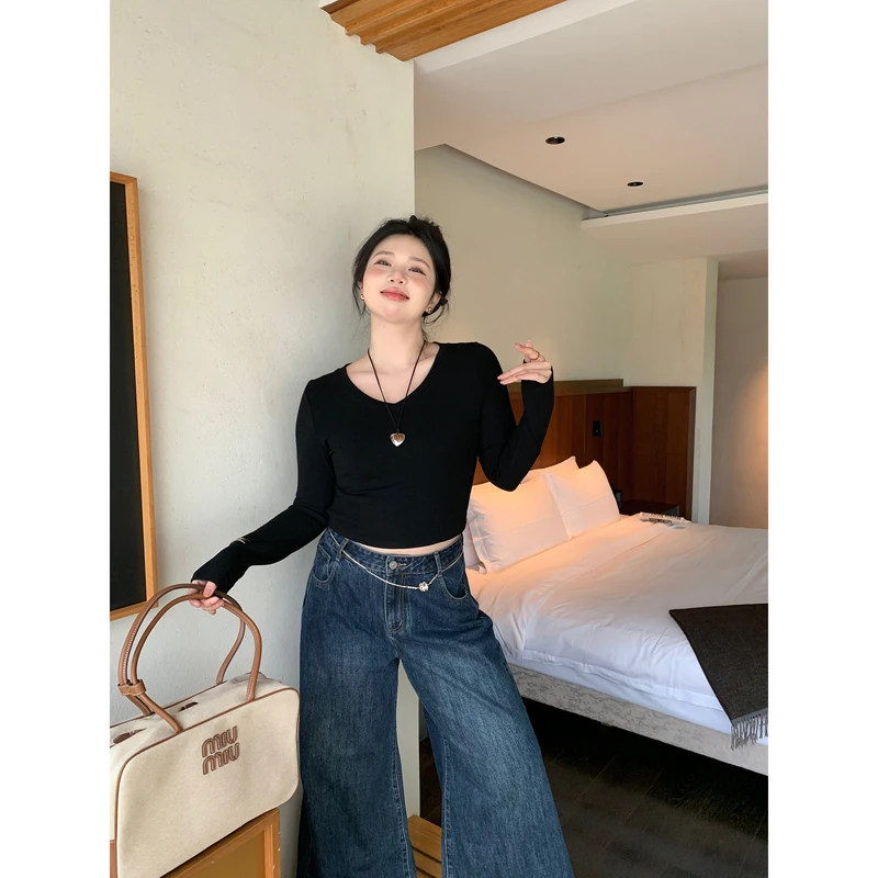 巨鹿工作室微胖定制 软糯U型V领纯色T恤长袖短款大码打底衫