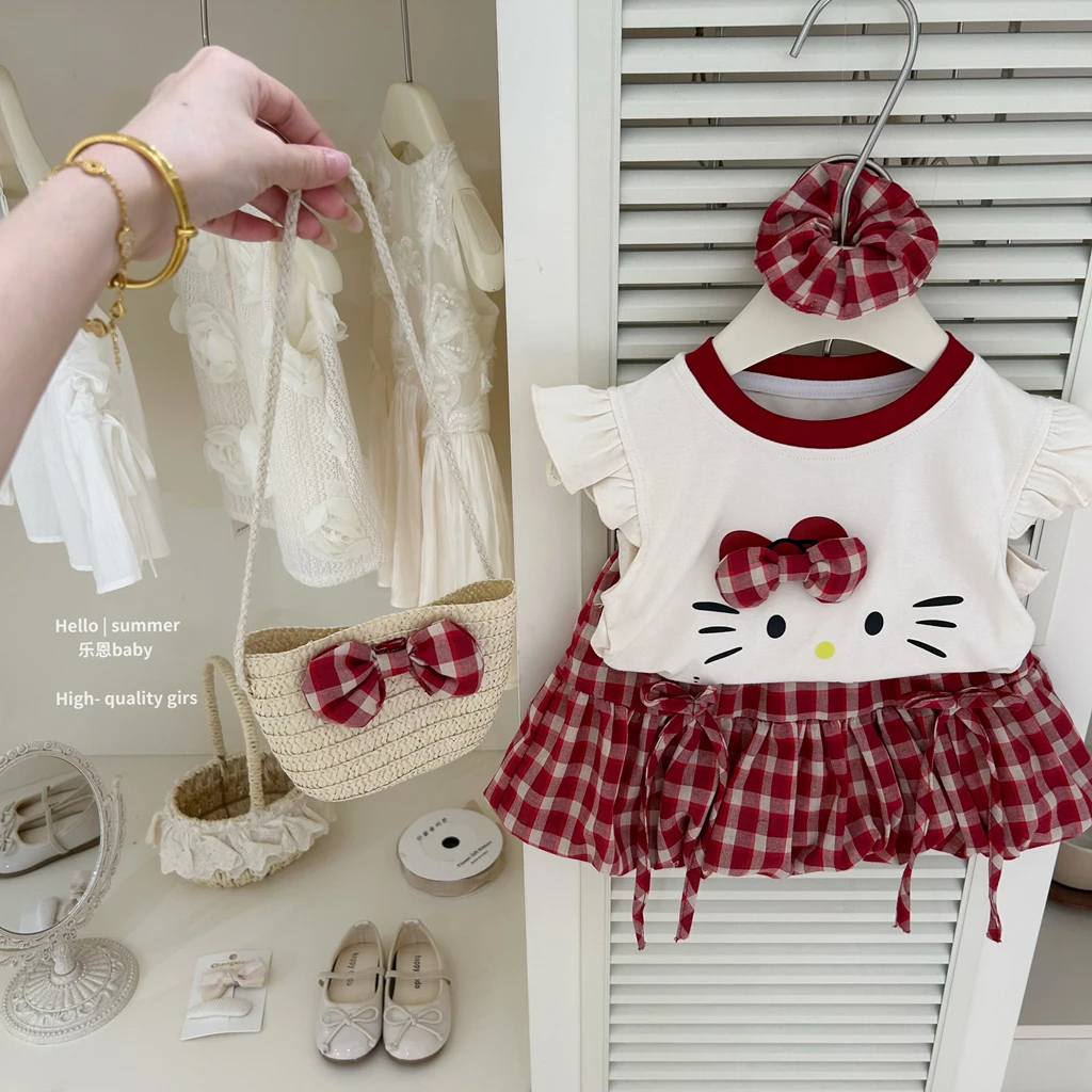 【乐恩baby】女童夏季新款红色KT猫蝴蝶结背心格子套装时髦洋气可爱