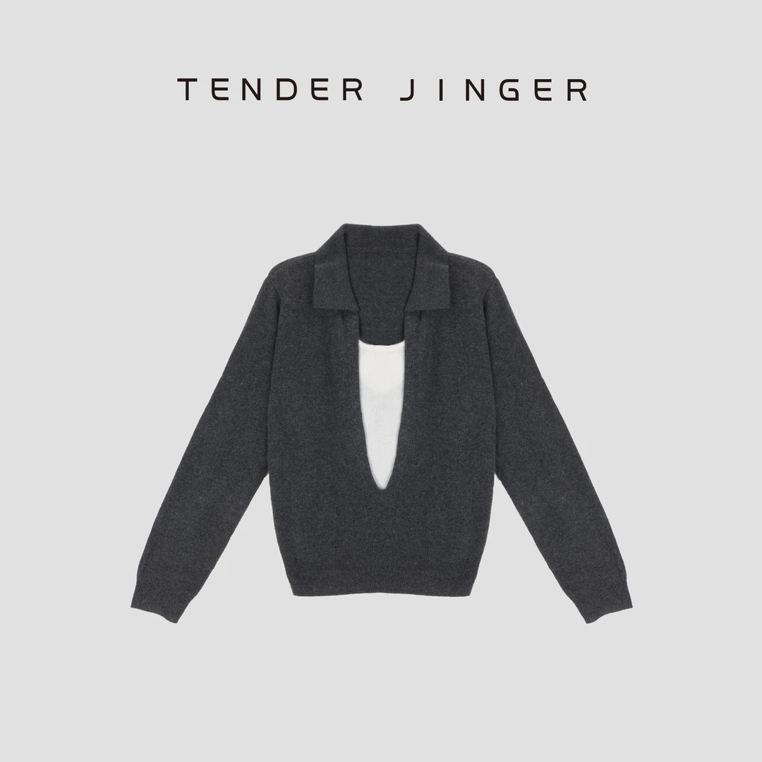 Tender Jinger【撞色假两件】山羊绒混纺保暖V领套头衫T53MII41407