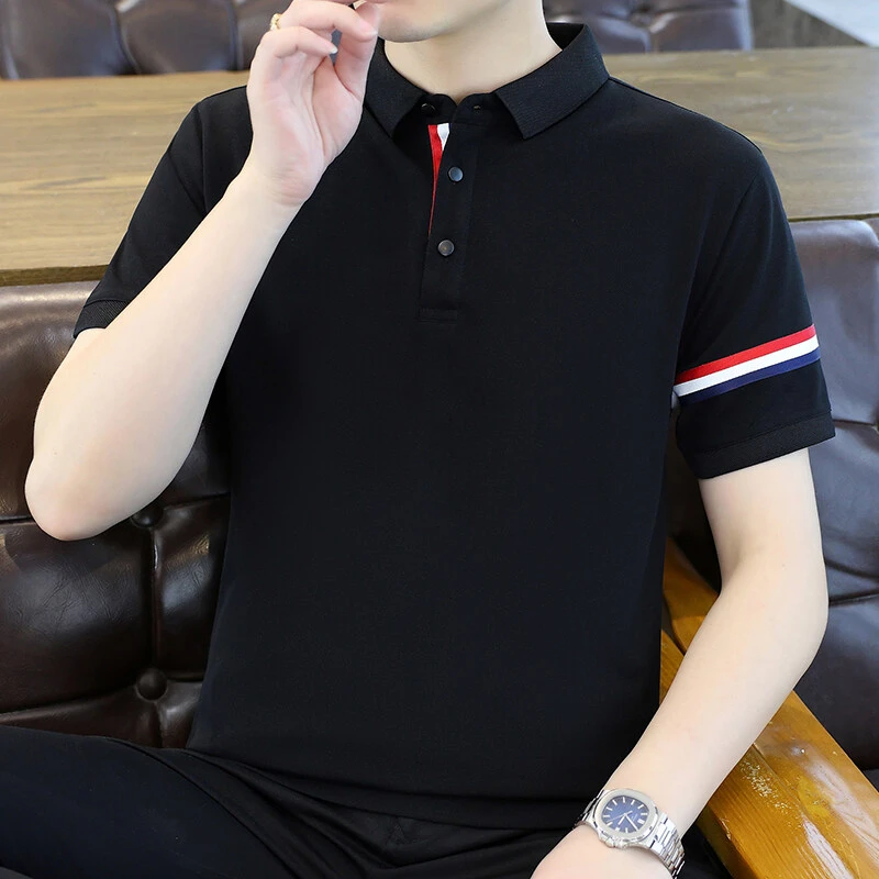 新款两条杠气质POLO衫翻领短袖T恤2025夏新款潮流休闲短袖个性男